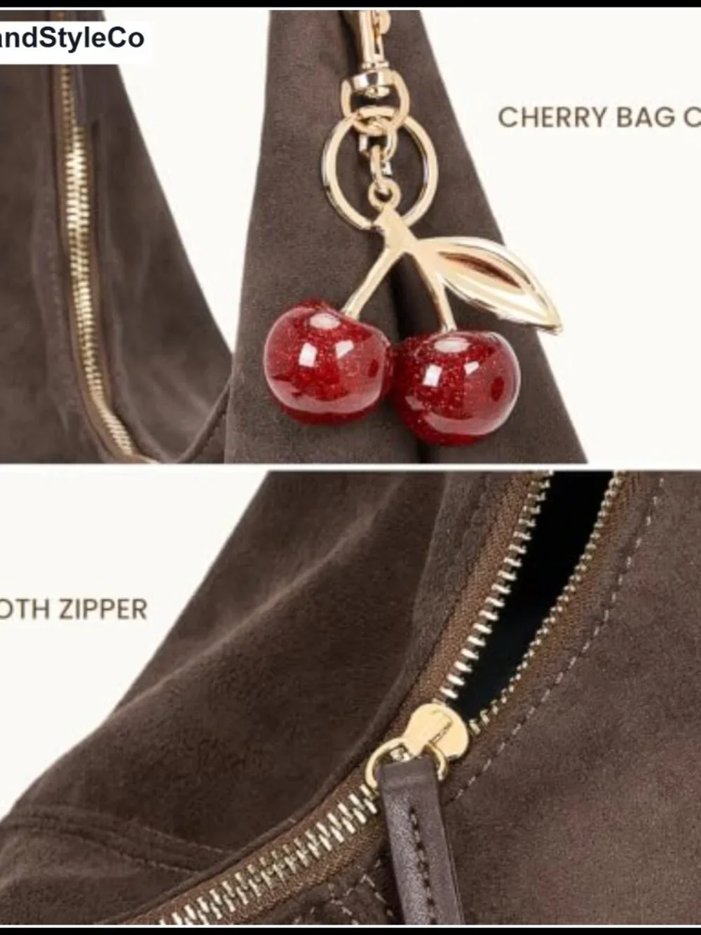 Slouchy Hobo Bag Faux Suede Purse Large Shoulder Bag with Cherry Charm